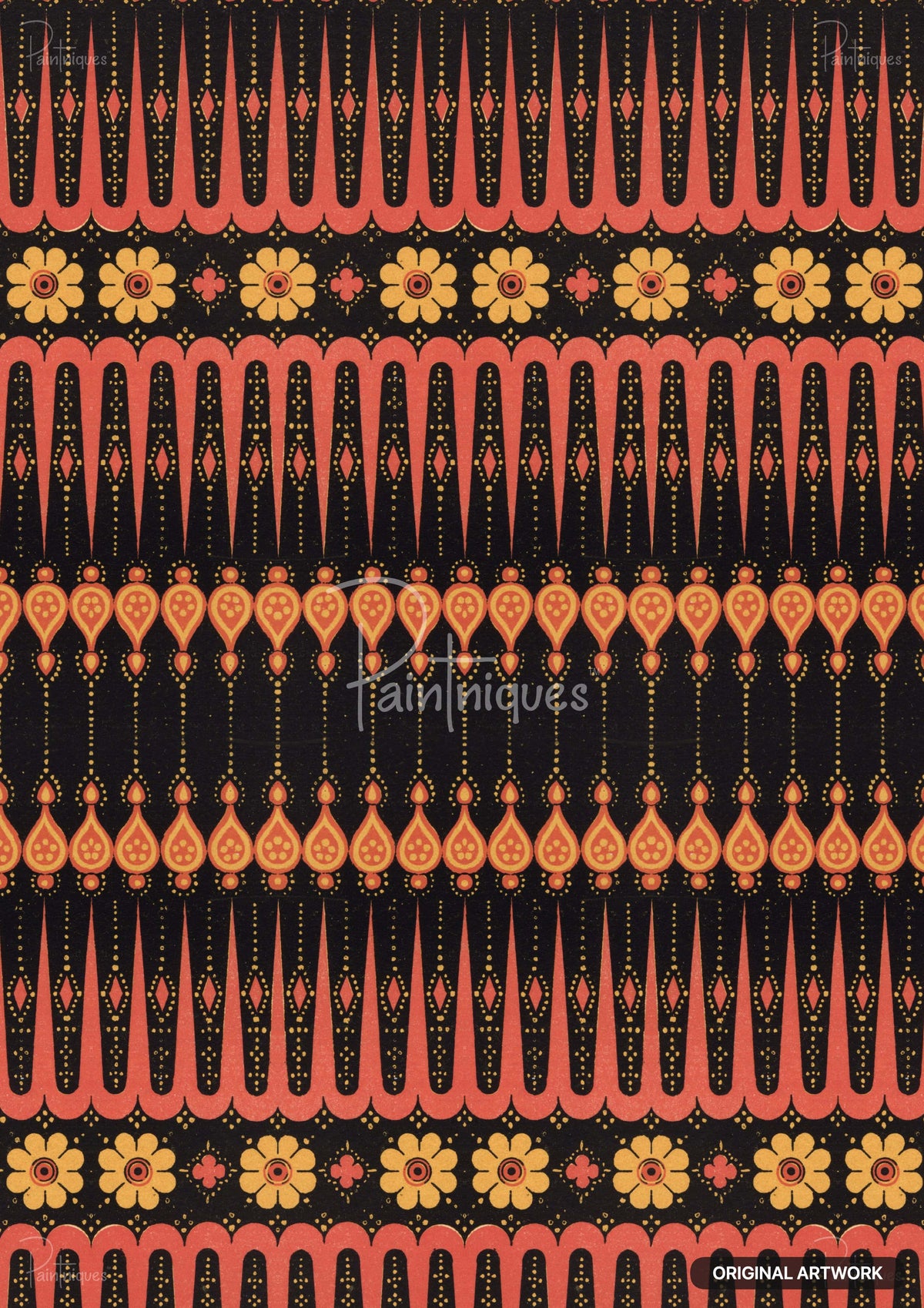Black paper with red and yellow stylized patterns. Rows of pointed shapes, floral motifs, and teardrops.
