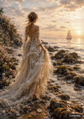 A woman in a flowing lace dress walks along a rocky beach toward a sunset and sailboat on the ocean.