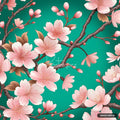 A teal background with branches covered in pink cherry blossom flowers, buds, and brown leaves.