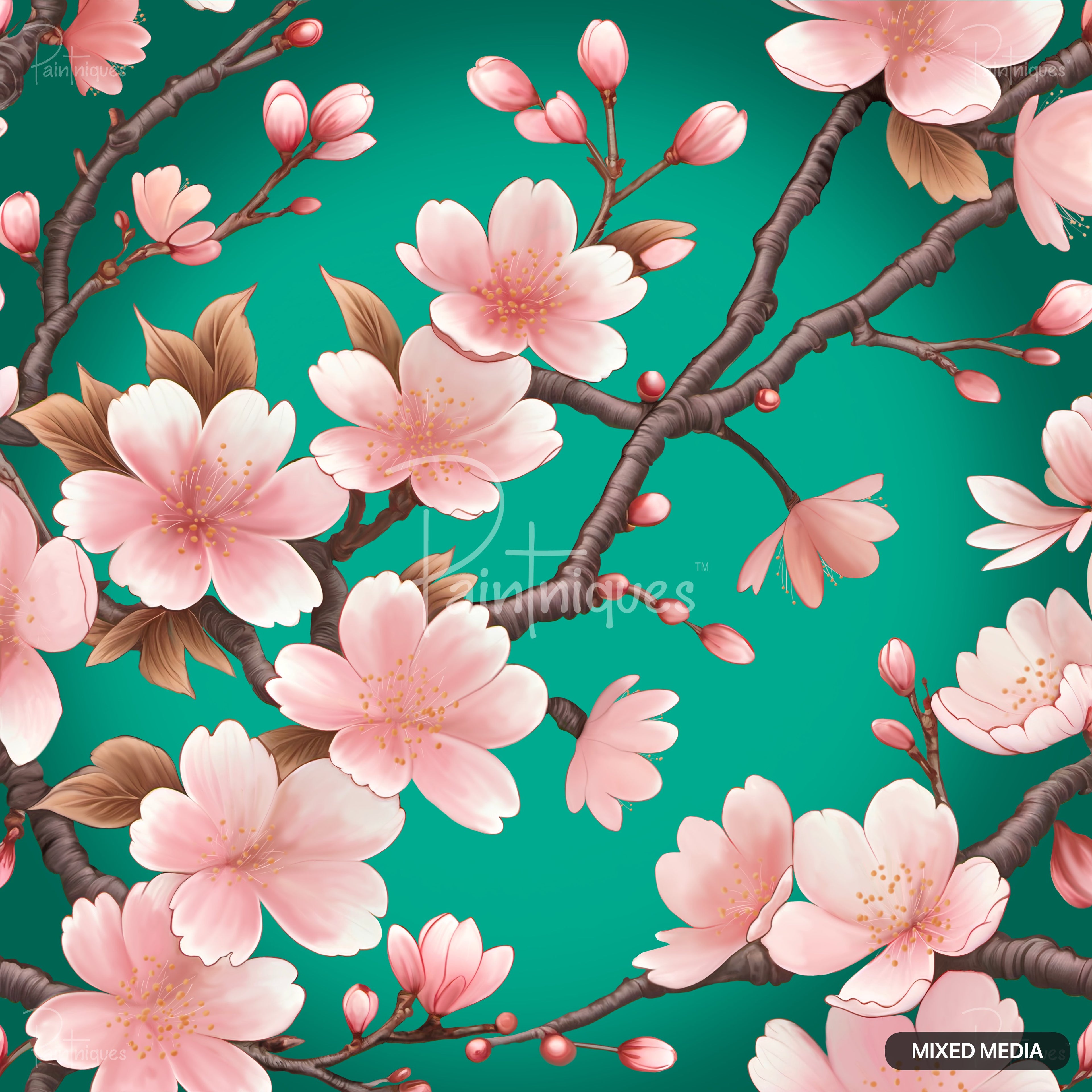 A teal background with branches covered in pink cherry blossom flowers, buds, and brown leaves.