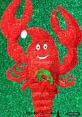 Red glitter lobster wearing a Santa hat and holding a wreath on a sparkling green background.