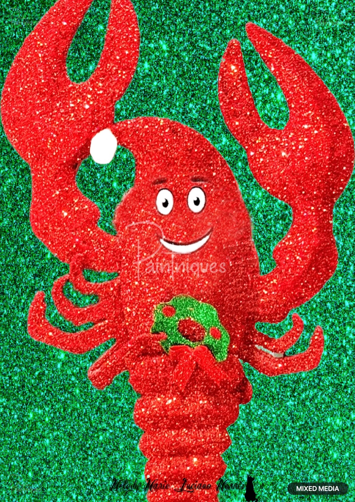 Red glitter lobster wearing a Santa hat and holding a wreath on a sparkling green background.