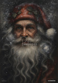 Close-up painting of an old man with a long white beard, mustache, and blue eyes, wearing a red cap with holly and berries, against a dark, snowy background.