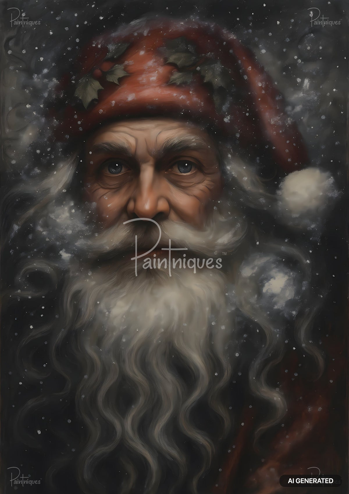 Close-up painting of an old man with a long white beard, mustache, and blue eyes, wearing a red cap with holly and berries, against a dark, snowy background.