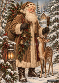 Santa in a snow-covered forest, holding a staff, with a spotted fawn, a lantern, and a cabin in the background.