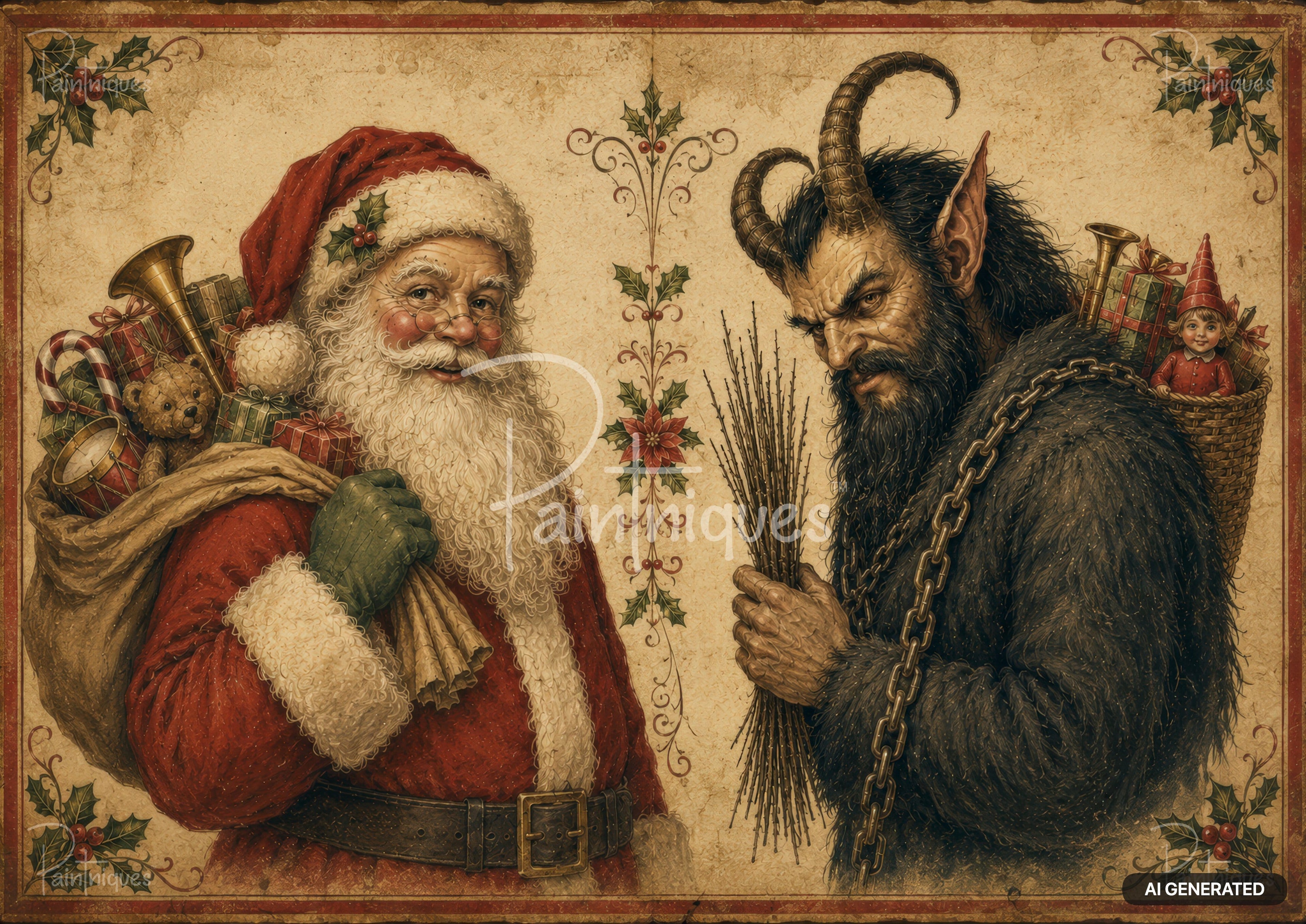 Vintage illustration of Santa Claus smiling next to Krampus holding switches, both surrounded by gifts and holly.