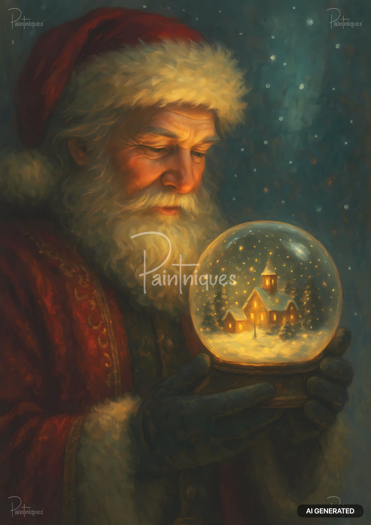 Santa Claus holding a glowing snow globe featuring a snowy winter church and village.