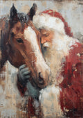 Painterly close-up of Santa in a red fur-trimmed hat and coat gently nuzzling a brown horse