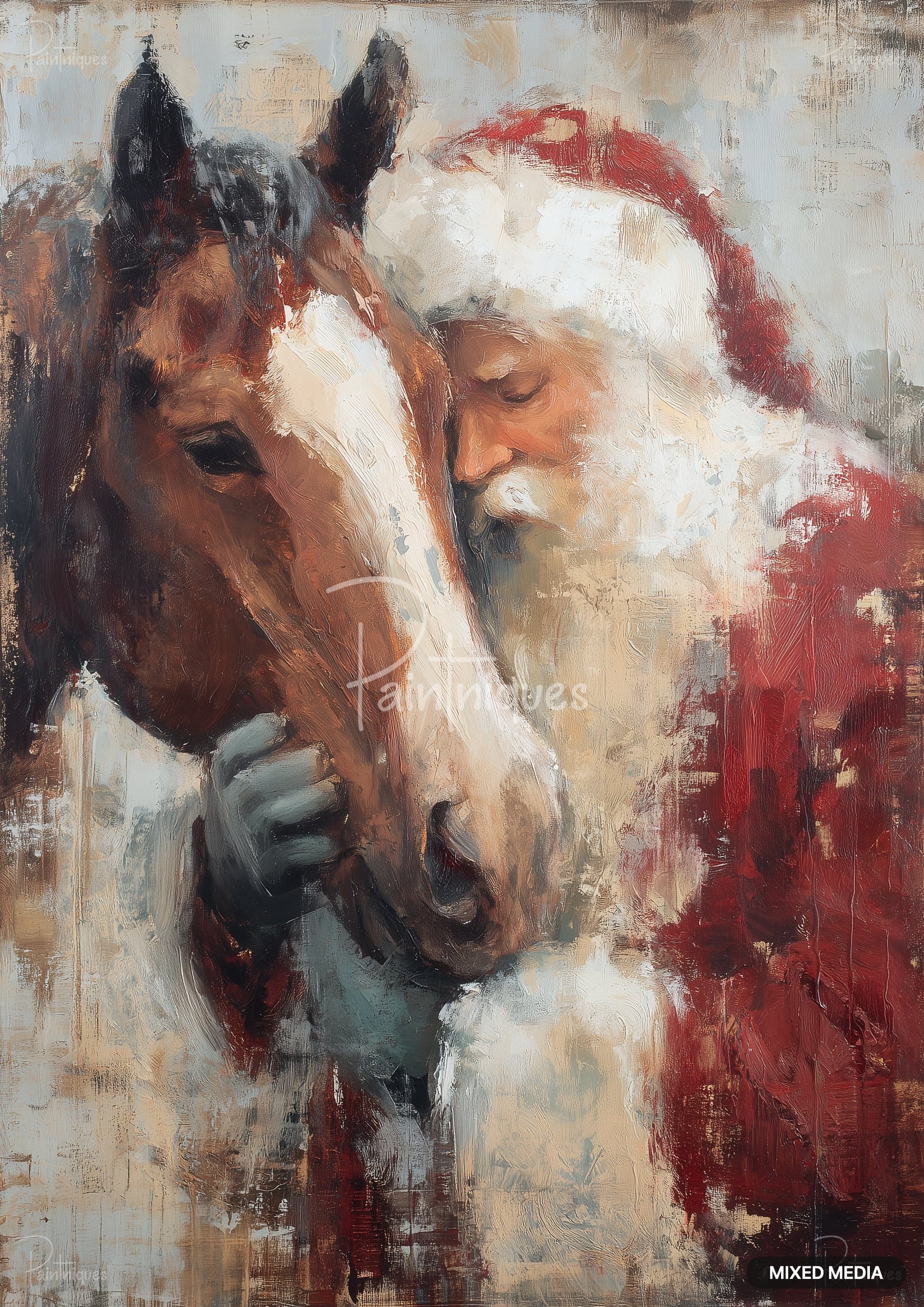 An impressionistic oil painting of Santa Claus in profile, cradling the head of a brown horse with a white blaze.