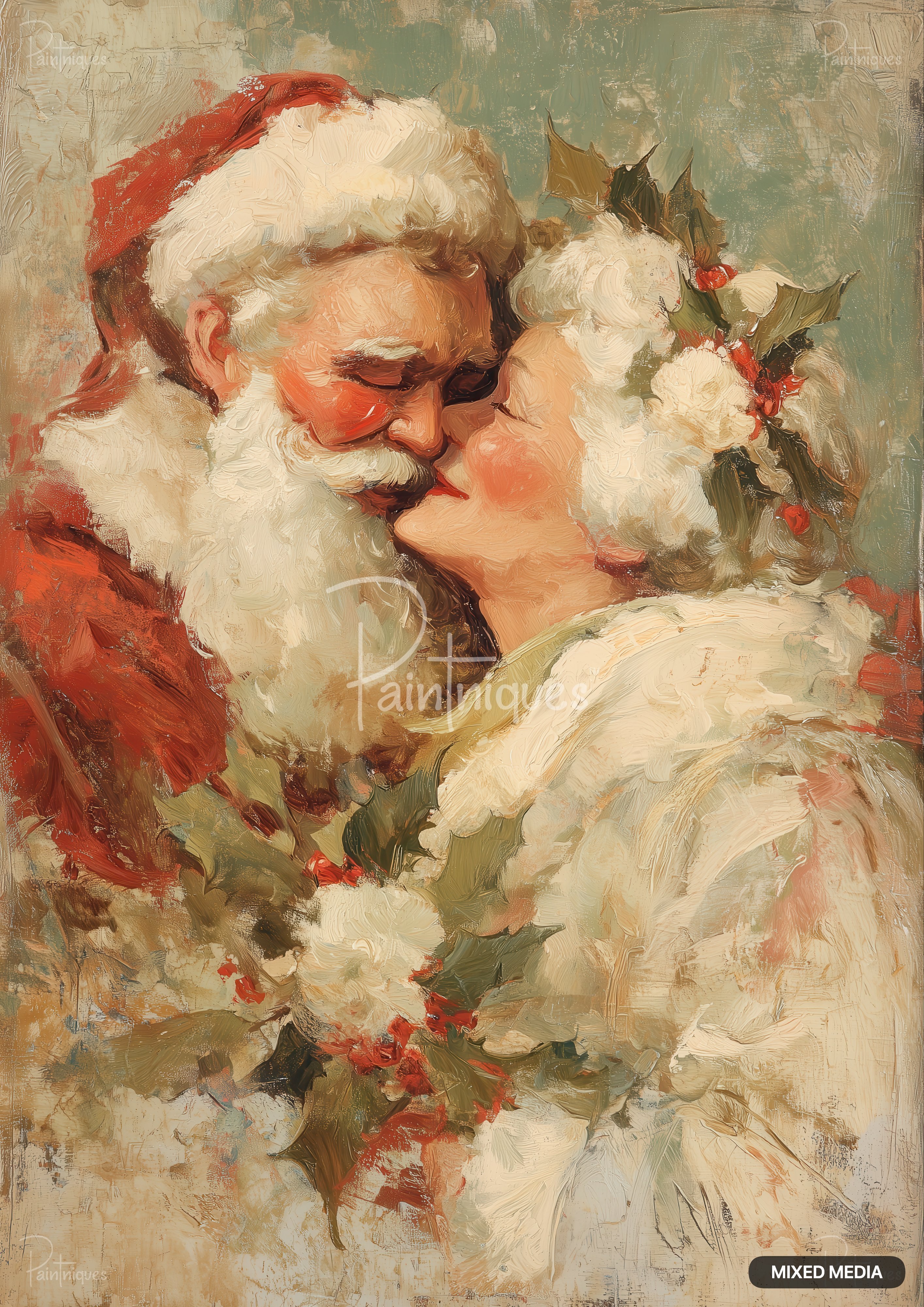 Impressionist painting of Santa and Mrs. Claus sharing a tender kiss, rosy cheeks, white hair, holly and red berries.