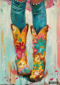 A vibrant painting of a lower torso and legs, wearing teal pants and orange cowboy boots with floral designs.