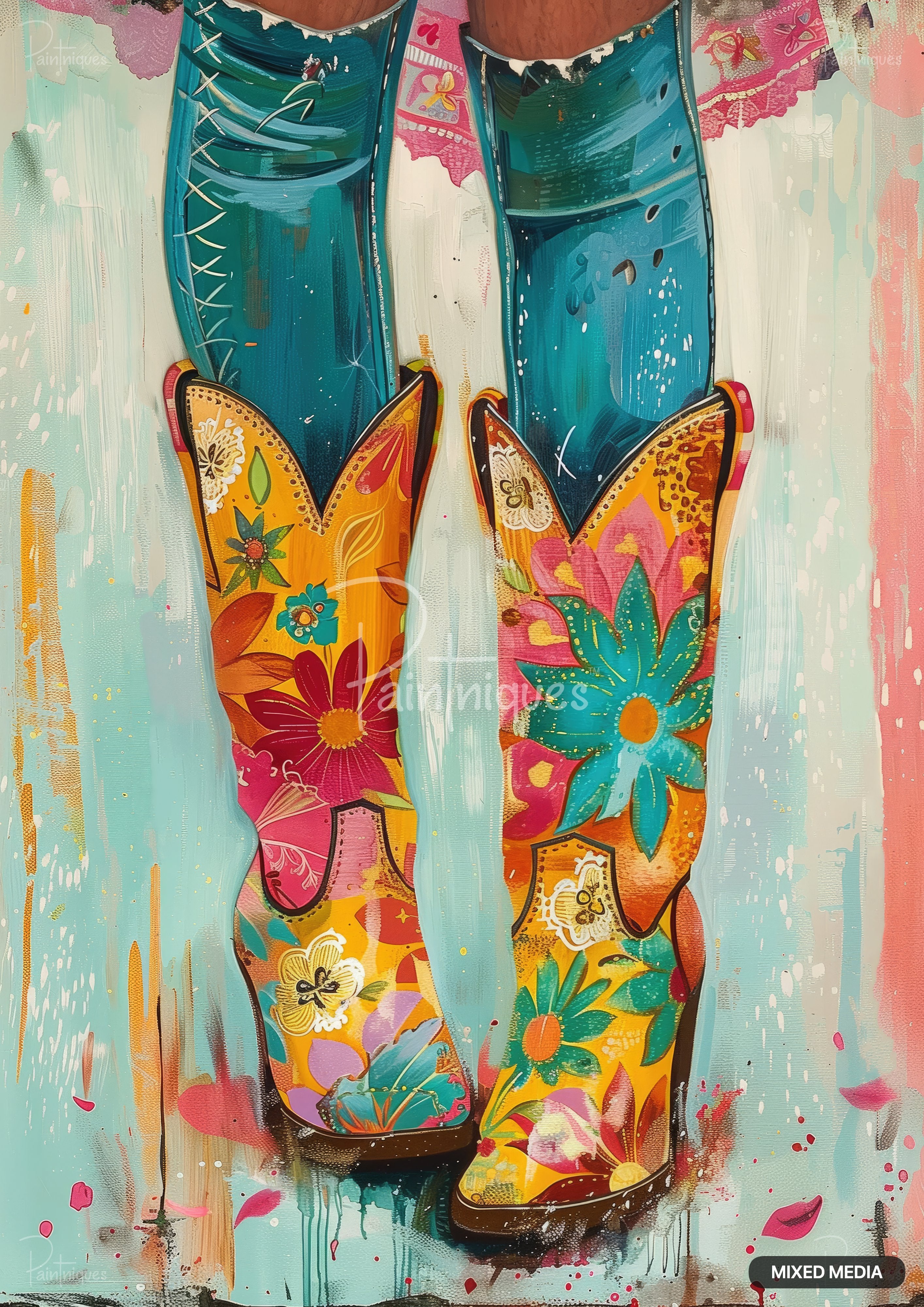 A vibrant painting of a lower torso and legs, wearing teal pants and orange cowboy boots with floral designs.