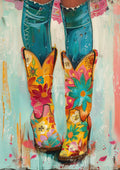 Teal jeans tucked into bright floral cowboy boots on a pastel abstract painted background.