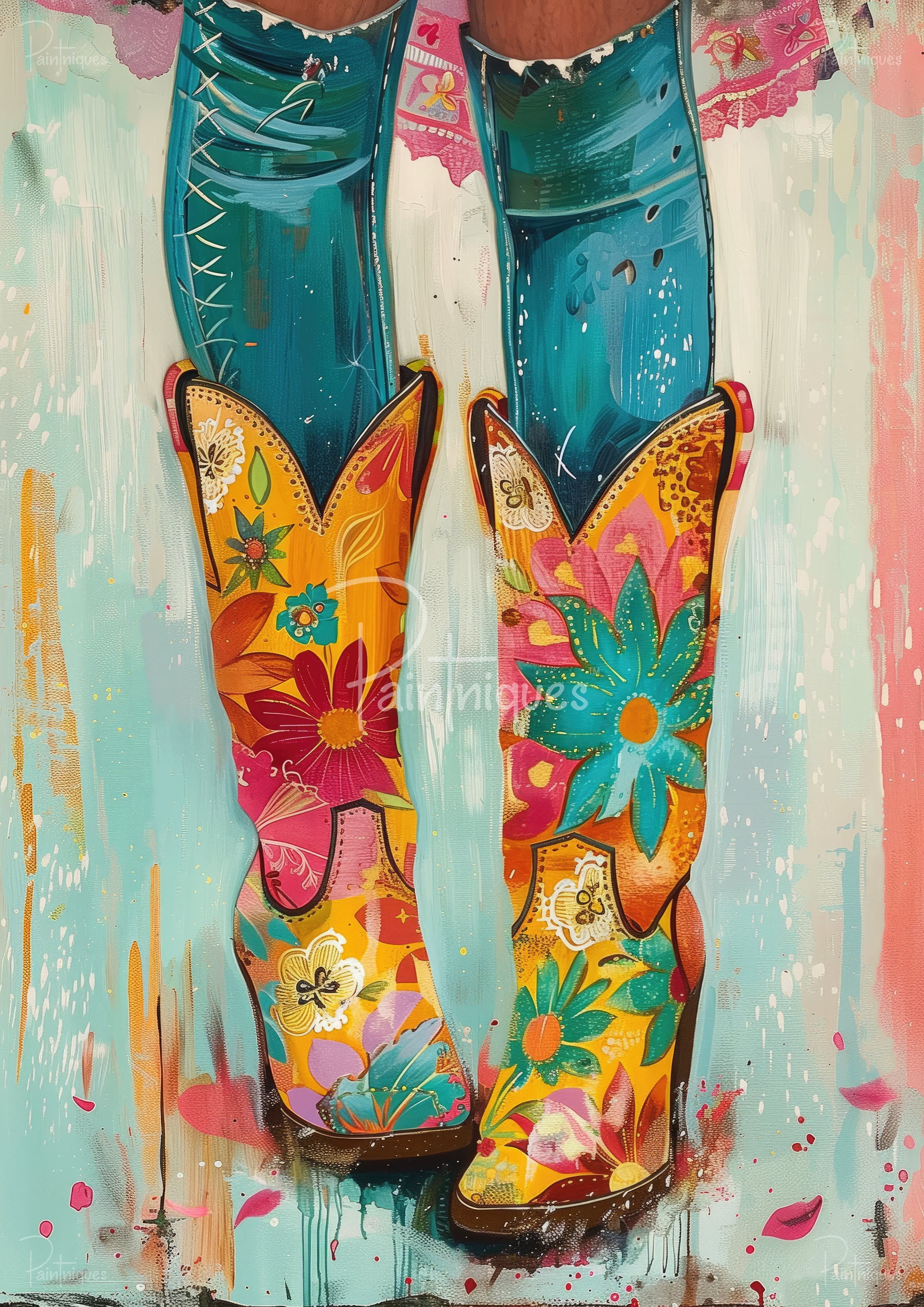 Teal jeans tucked into bright floral cowboy boots on a pastel abstract painted background.