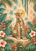 A leopard sits on a rock, surrounded by lush green and red tropical foliage, pink hibiscus, and a tribal patterned background.