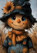 Smiling scarecrow in a black hat with a sunflower and crow, wearing an orange scarf and blue overalls in a cornfield.