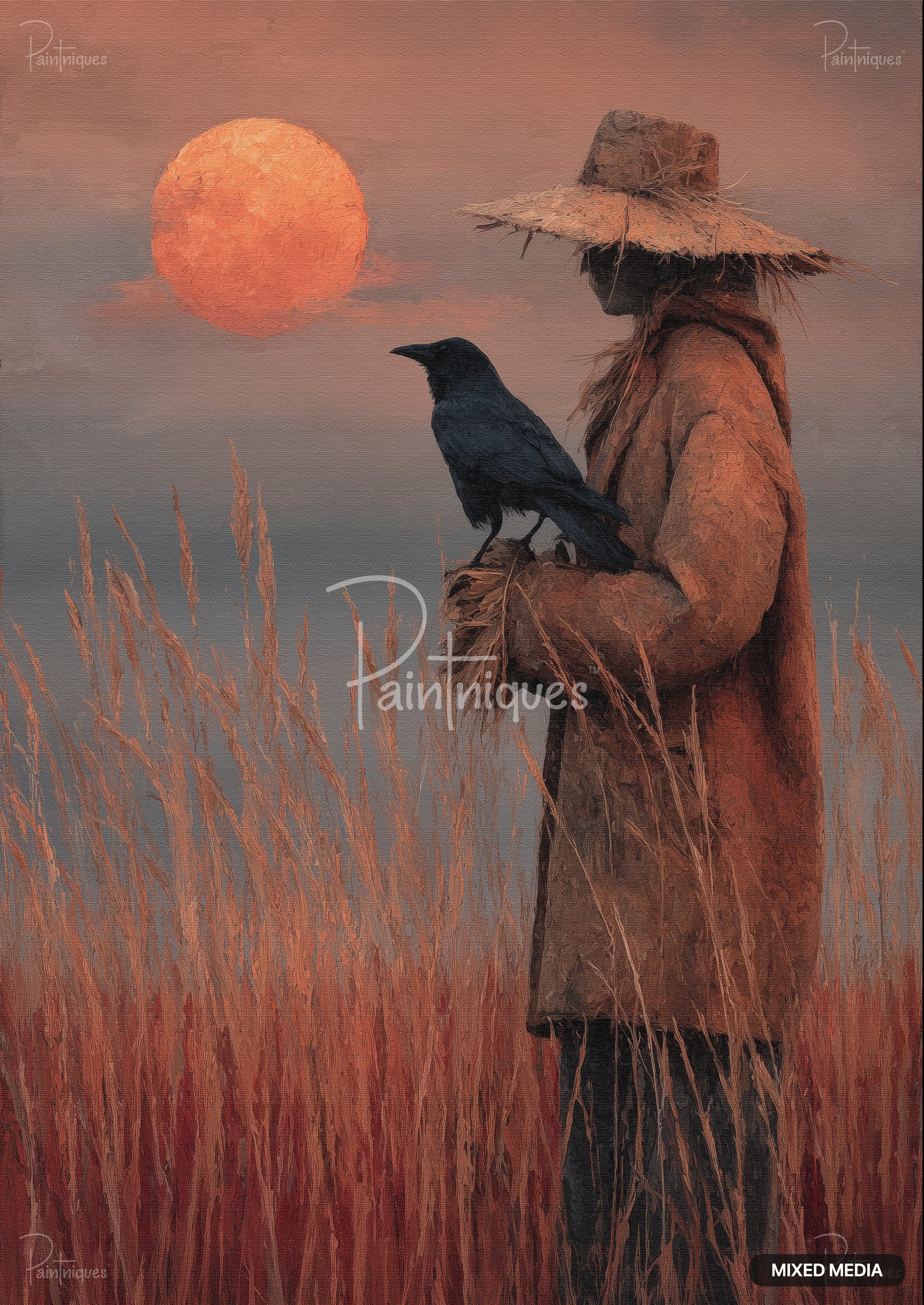 Painting of a person in a straw hat and coat, holding a crow, standing in tall grass under a large orange sun.