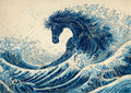 Stylized blue horse formed from crashing ocean waves with swirling mane and gold fleck accents on cream background.