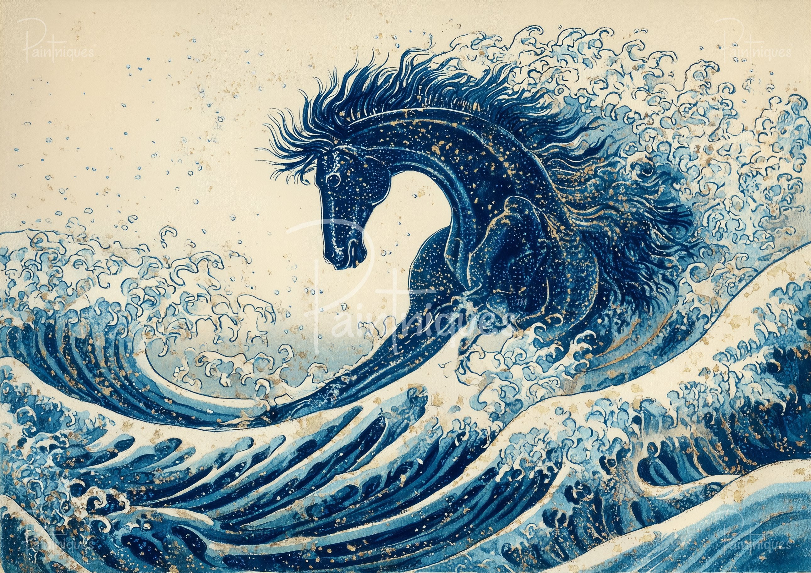 Stylized blue horse formed from crashing ocean waves with swirling mane and gold fleck accents on cream background.