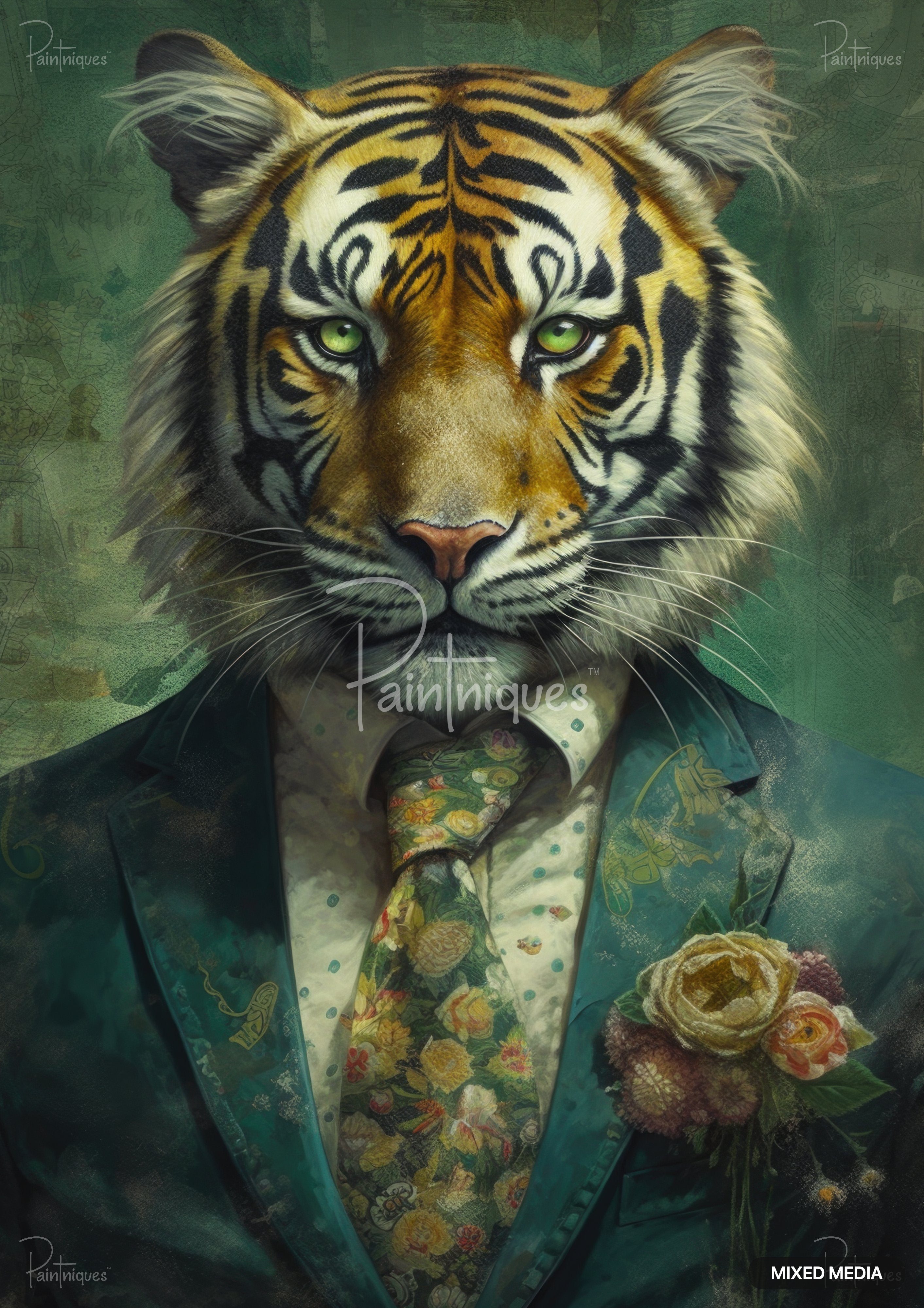 A tiger in a dark teal suit jacket, light colored shirt, and a tie with a floral pattern, against a forest green background.