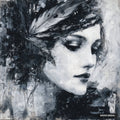 Black and white monochromatic artwork of a woman wearing a feather, with a textured background.