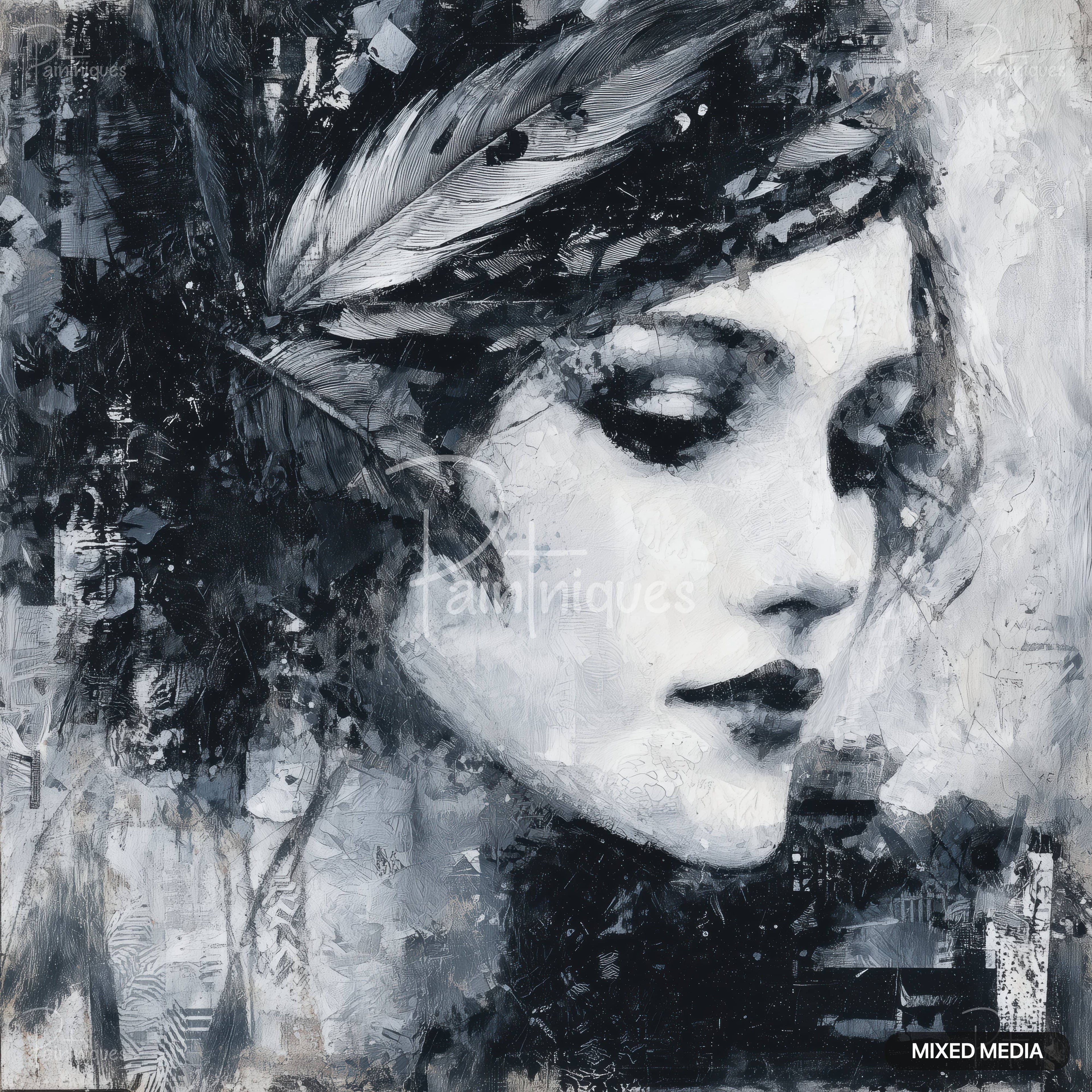 Black and white monochromatic artwork of a woman wearing a feather, with a textured background.