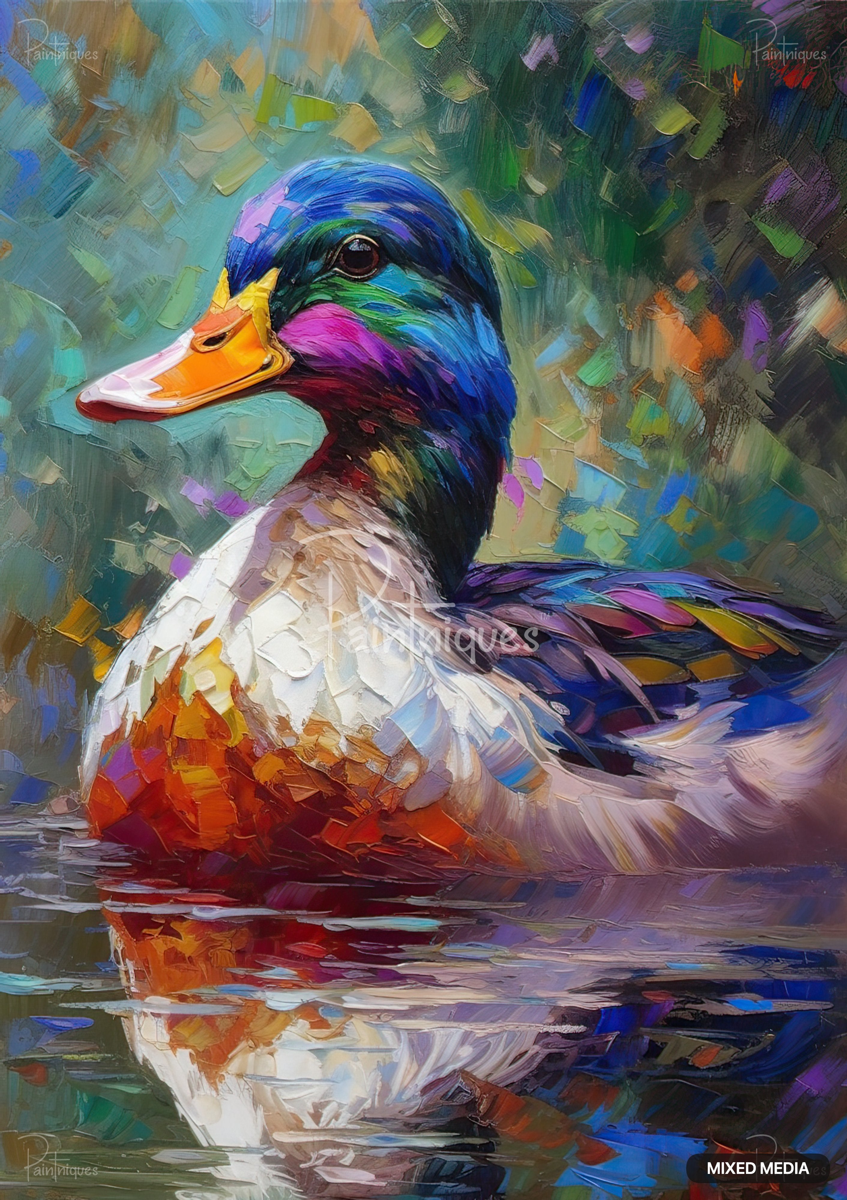 An expressive oil painting captures a colorful mallard duck in water, painted in thick impasto strokes.