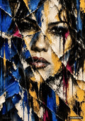 Abstract portrait of a woman's face fragmented into colorful, textured pieces of blue, yellow, white, black, and pink.