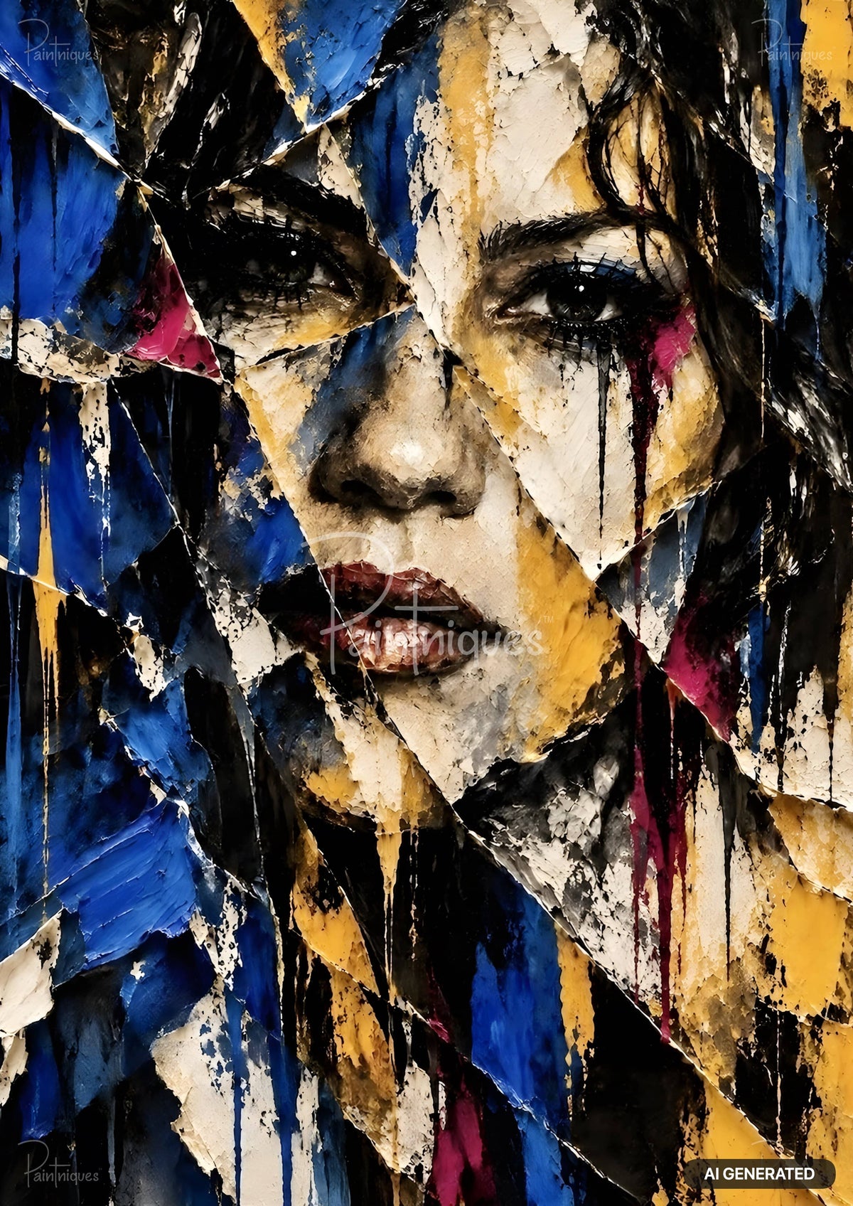 Abstract portrait of a woman's face fragmented into colorful, textured pieces of blue, yellow, white, black, and pink.