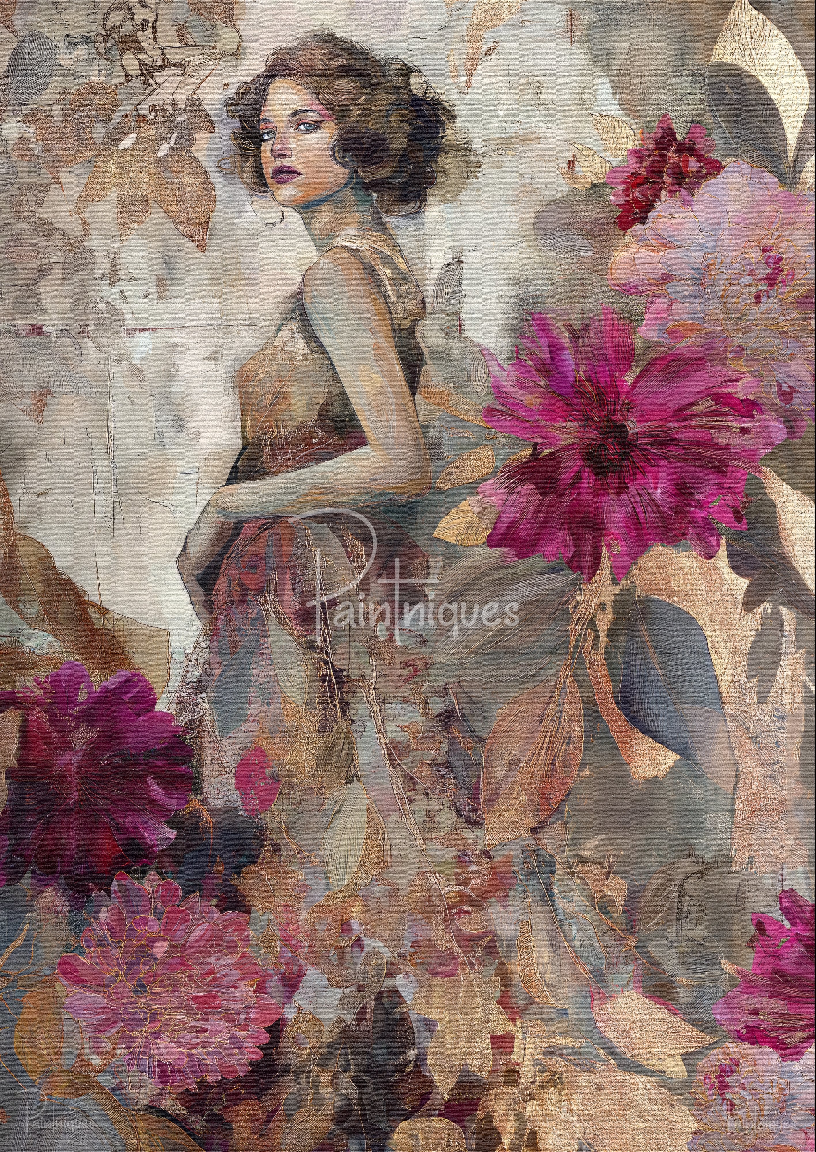Painting of a woman looking back, surrounded by dark pink flowers and golden leaves.