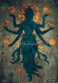 A teal multilimbed figure stands against a distressed background with gold circular shapes and flecks of gold.