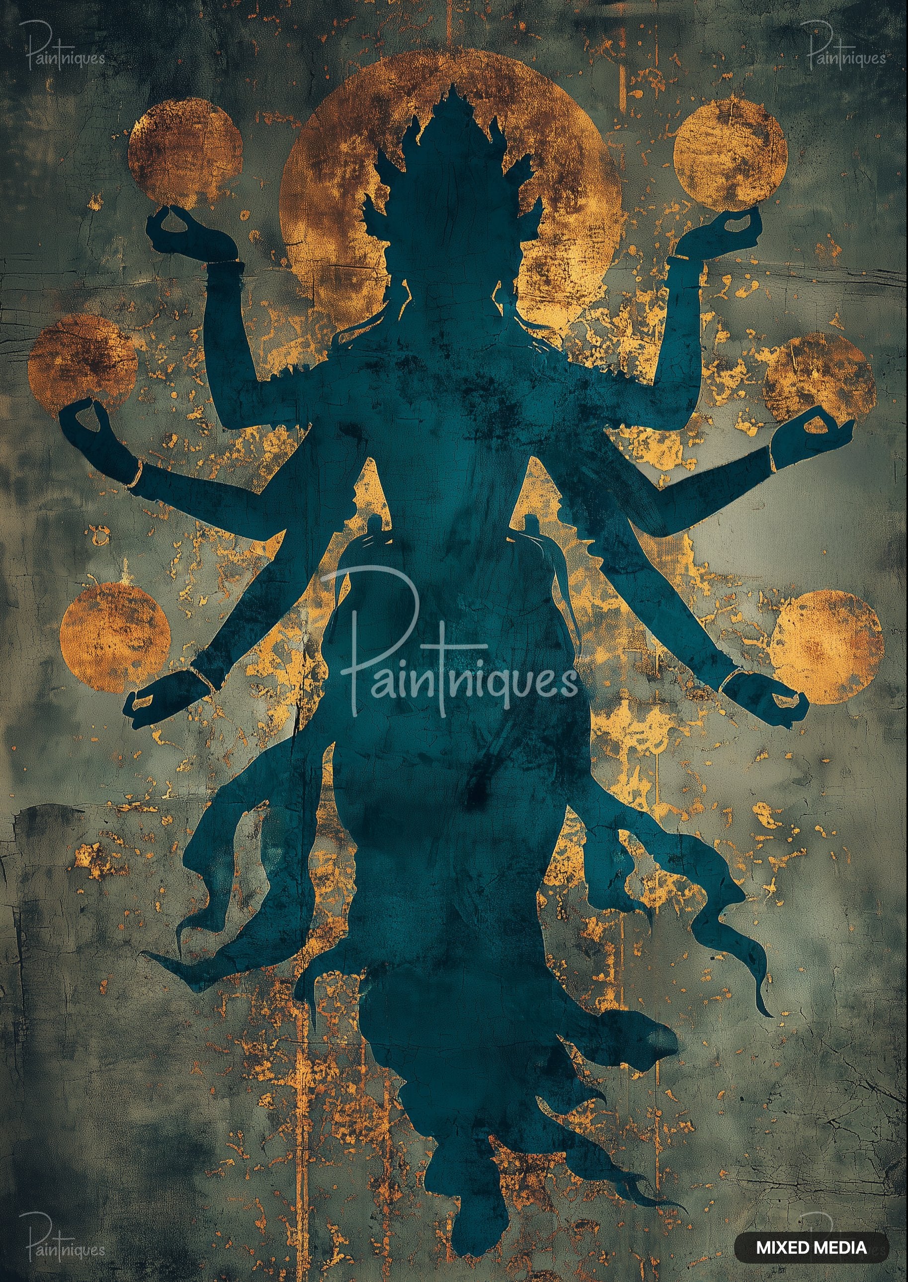 A teal multilimbed figure stands against a distressed background with gold circular shapes and flecks of gold.