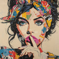 Close-up of a woman's face in pop-art style with colorful collage patterns, a finger on pink lips, and blue eyes.