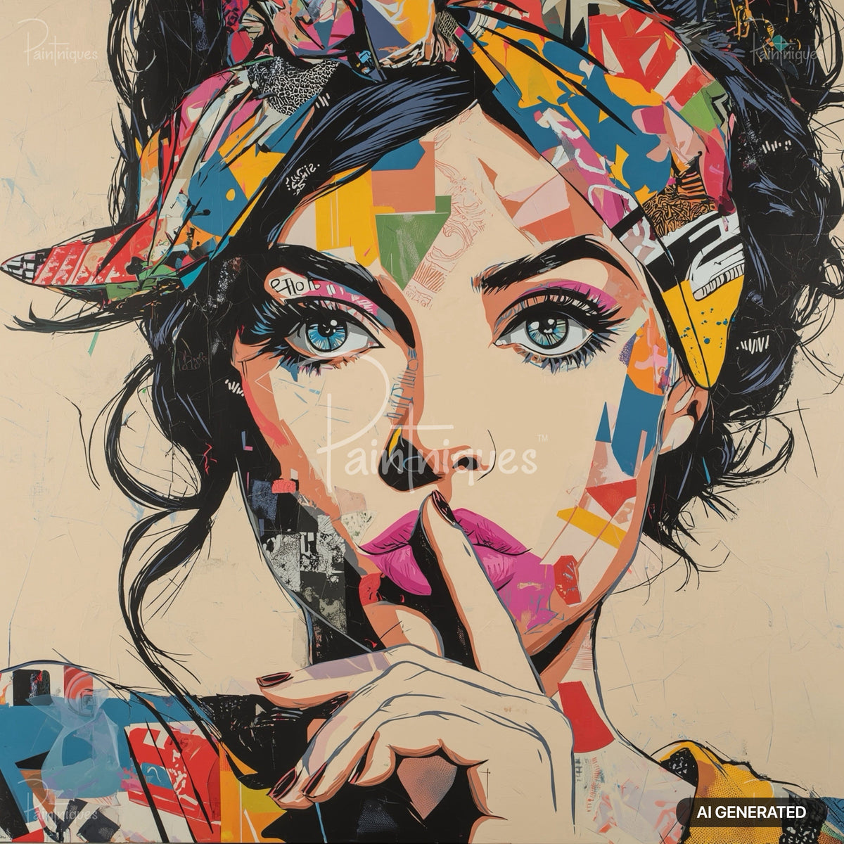 Close-up of a woman's face in pop-art style with colorful collage patterns, a finger on pink lips, and blue eyes.
