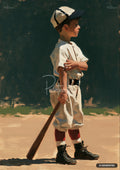 Oil painting of a young boy in a white and dark blue baseball uniform holding a bat, looking right.
