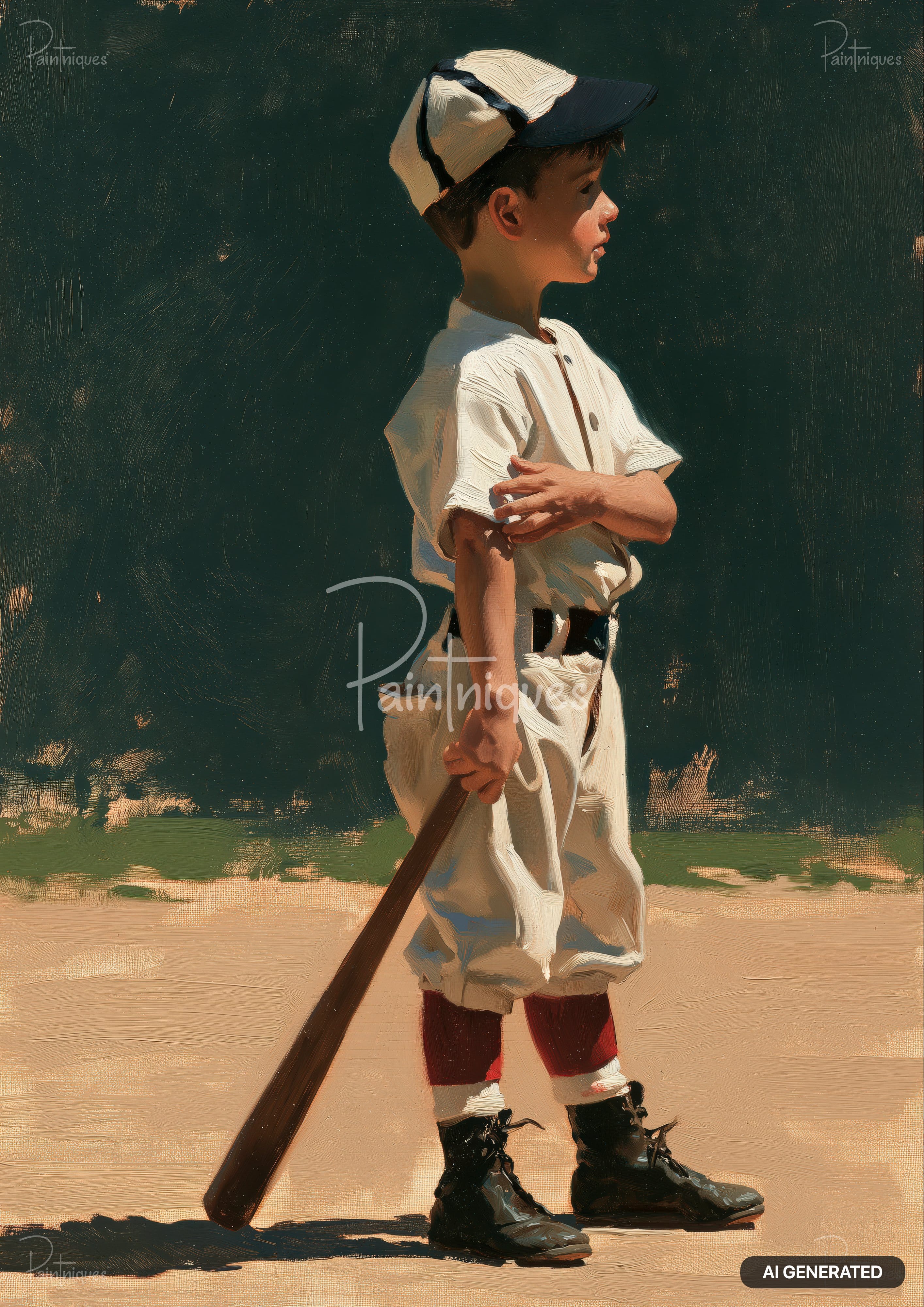Oil painting of a young boy in a white and dark blue baseball uniform holding a bat, looking right.