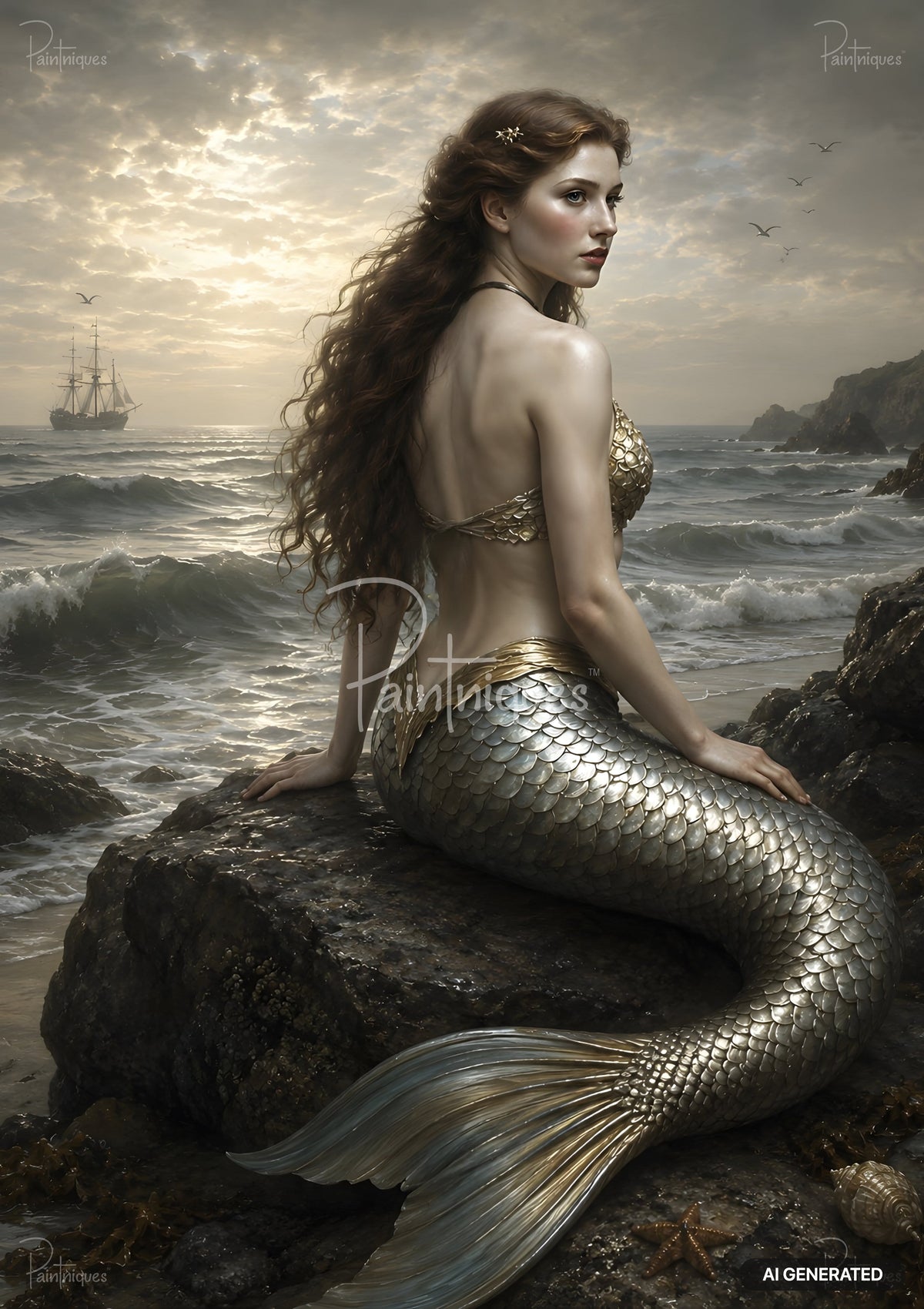 Mermaid with long brown hair and golden scaled top sitting on a dark rock at the ocean edge, looking back at a ship.