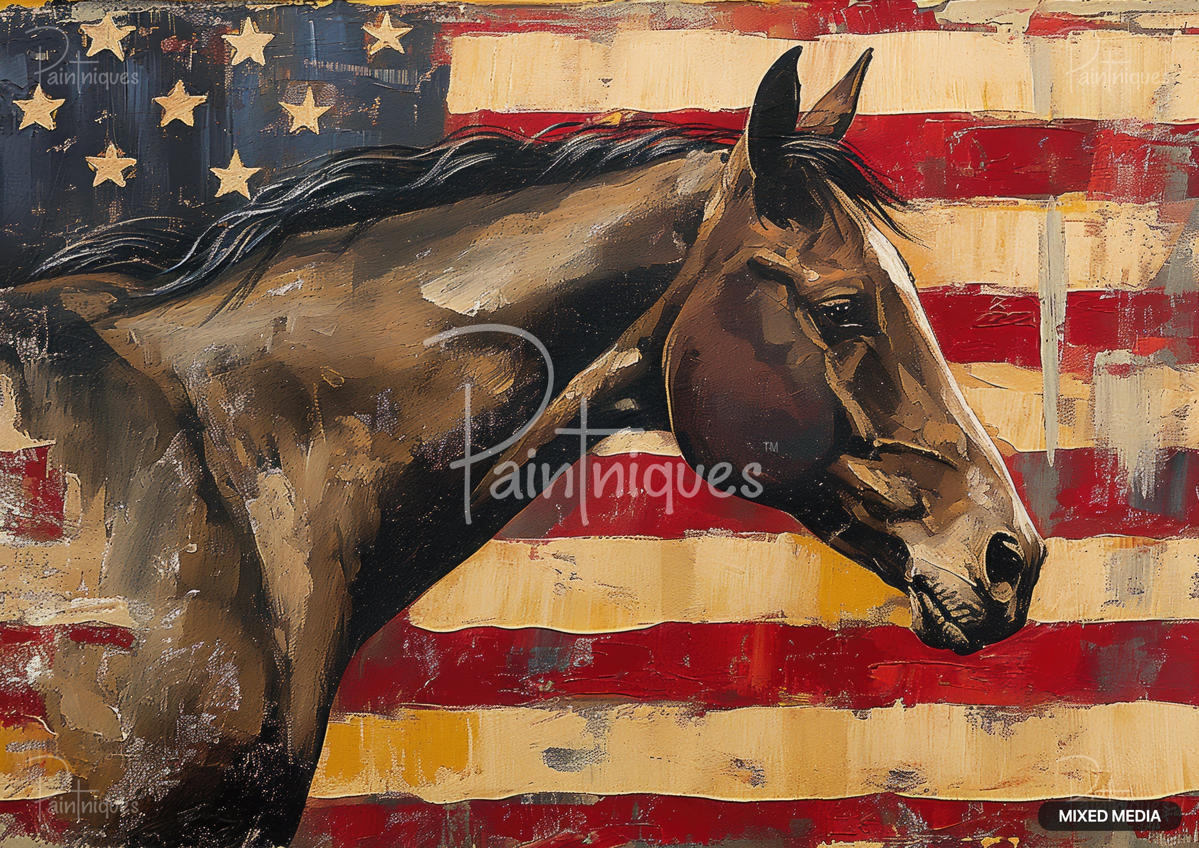 Paintings of a brown horse with a mane walking in front of a rustic American flag with gold stars and red and white stripes.