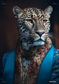 A stylish leopard wearing a blue floral suit jacket, a brown and maroon floral scarf, and a gold medal necklace.