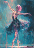 Painting of a ballerina with pink hair and a skeletal body. She is wearing a black tutu, dancing en pointe.