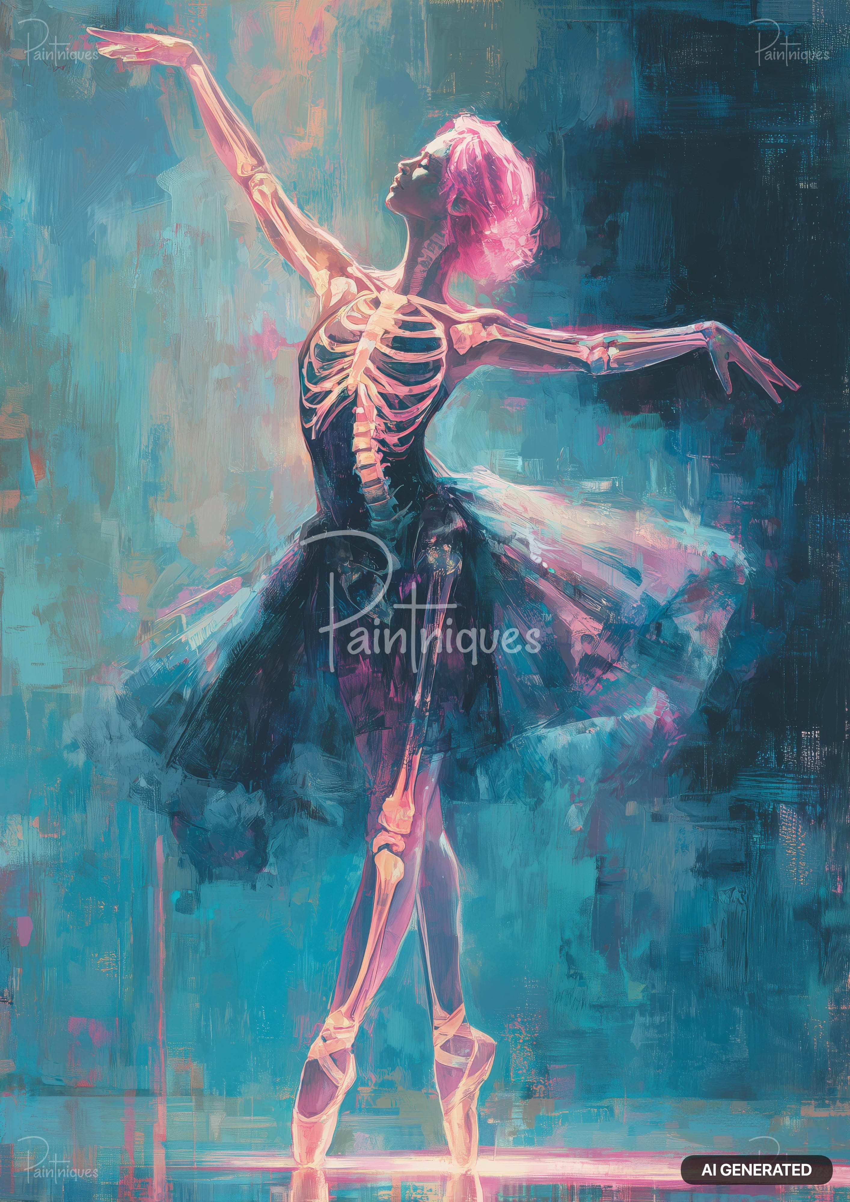 Painting of a ballerina with pink hair and a skeletal body. She is wearing a black tutu, dancing en pointe.