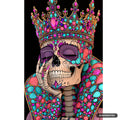 A colorful skeleton in a jeweled crown and garment. It has purple eyelids and a hand by its chin, with pink nails.