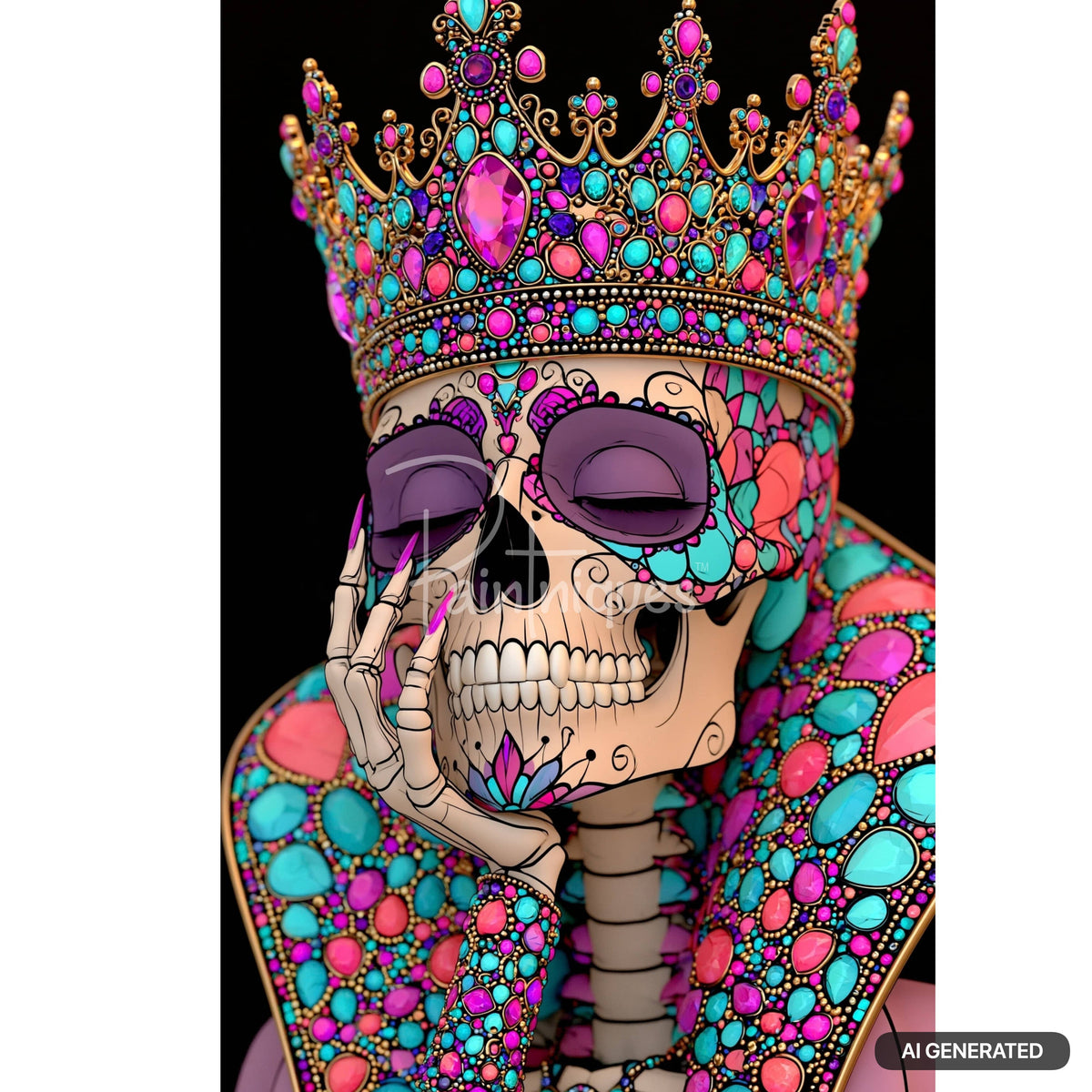 A colorful skeleton in a jeweled crown and garment. It has purple eyelids and a hand by its chin, with pink nails.