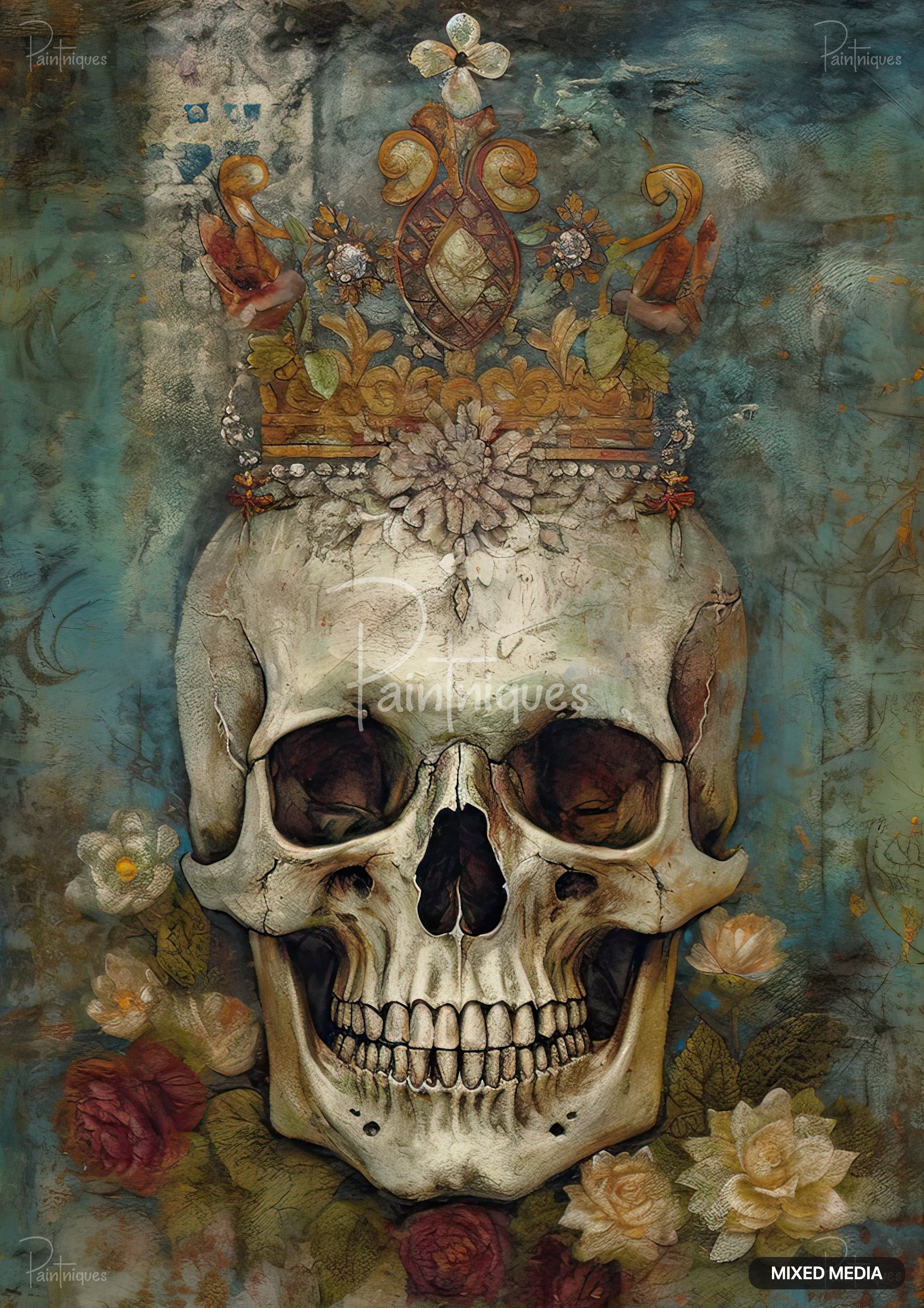 An ornate gold and jewel-studded crown sits atop a skull on a blue-green textured background with roses and leaves.