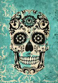 A stylized sugar skull with ornate black and cream scrollwork over a distressed turquoise and cream background.