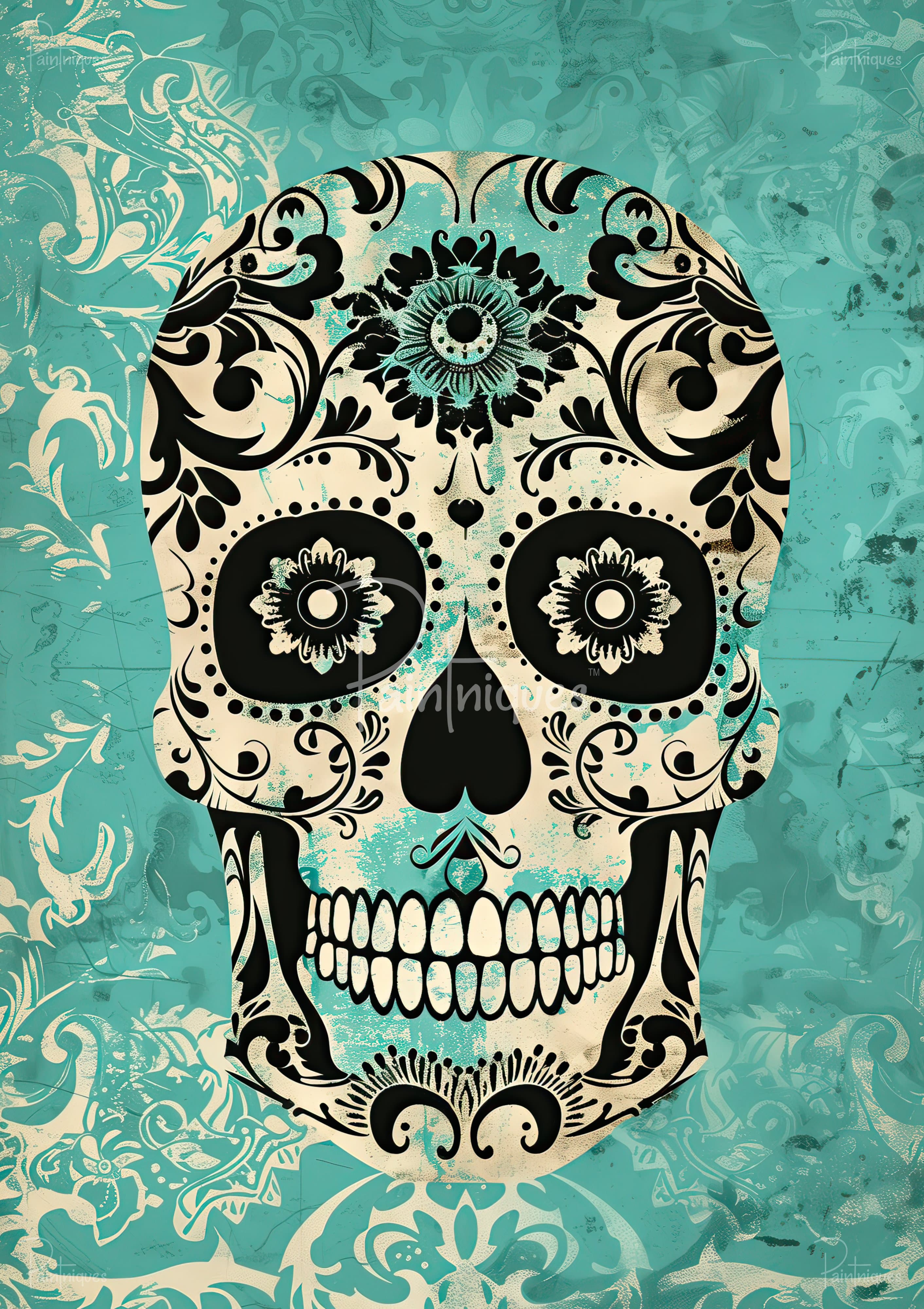 A stylized sugar skull with ornate black and cream scrollwork over a distressed turquoise and cream background.