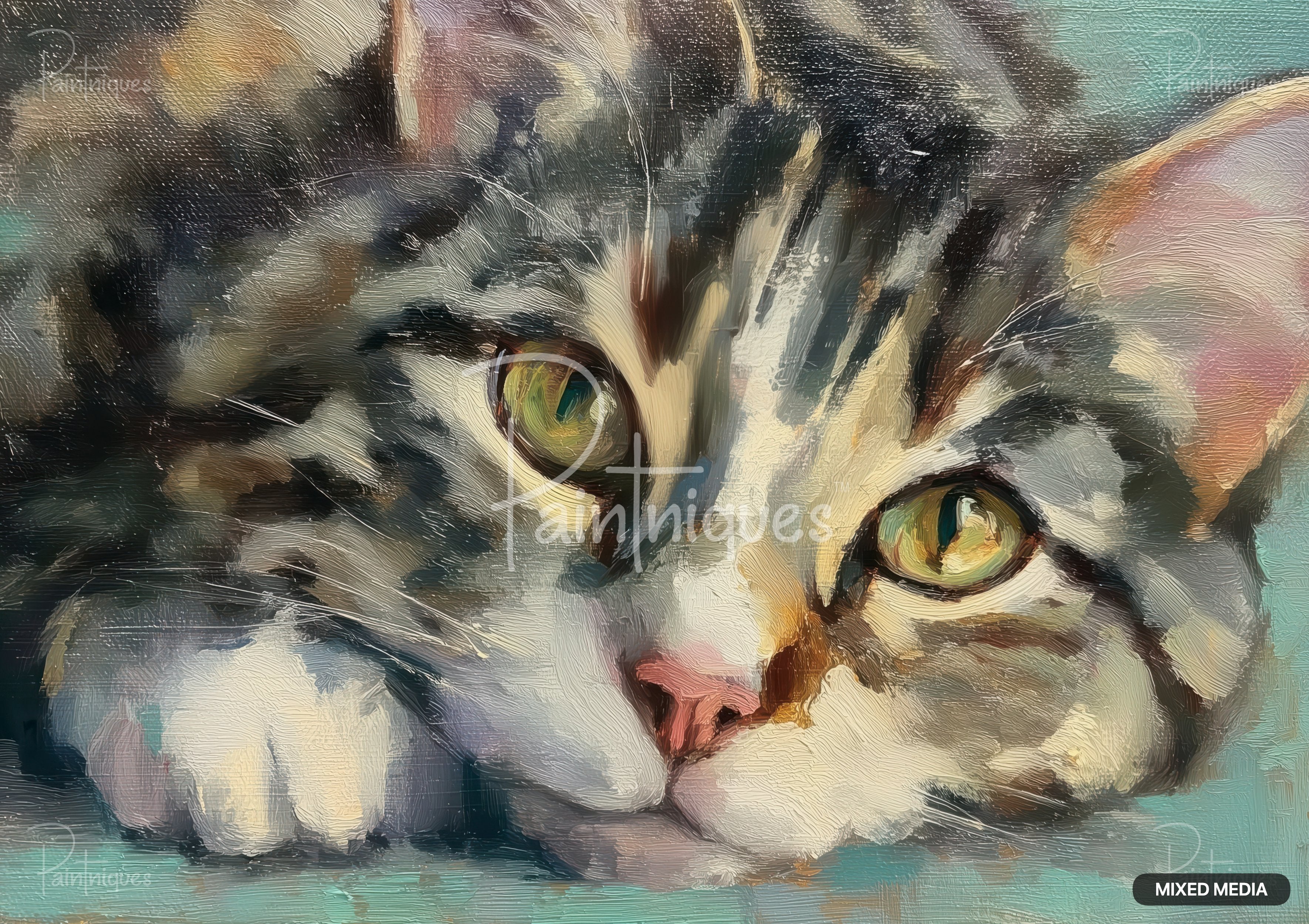 An oil painting of a tabby cat resting its head, with wide green eyes gazing directly forward.