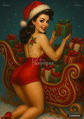 Pin-up woman in a Santa hat holding a gift beside an ornate sleigh filled with Christmas presents.
