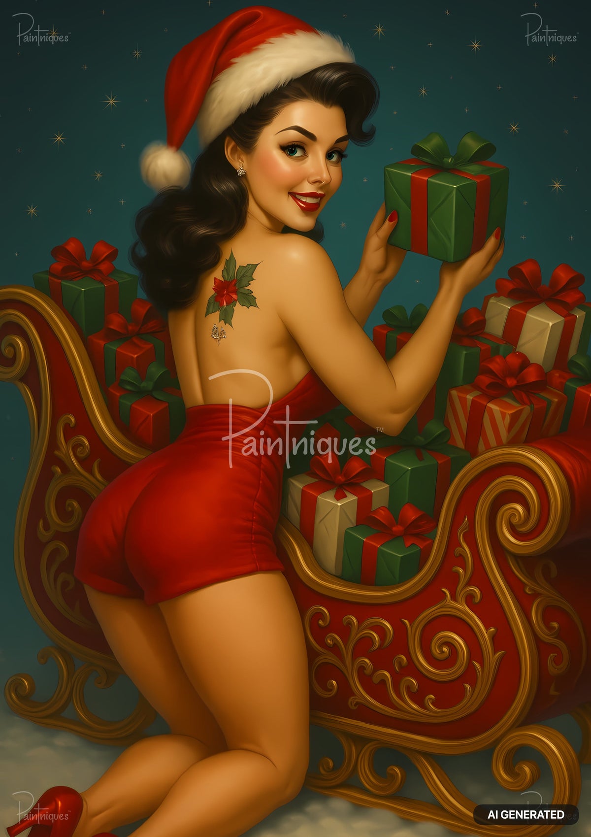 Pin-up woman in a Santa hat holding a gift beside an ornate sleigh filled with Christmas presents.