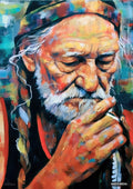 Vibrant painted portrait of an elderly man with braided hair and a white beard smoking a rolled cigarette.